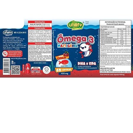 Omega 3 Kids Mastigável Cereja 450mg 60caps - Unilife
