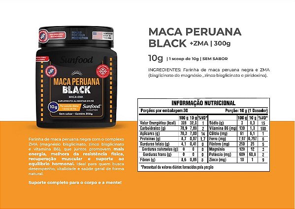 Maca Peruana Black com ZMA em pó 300g - Sunfood Evolution