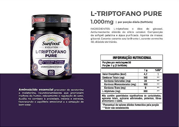 L-Triptofano Pure 860mg 60 softgels - Sunfood Evolution