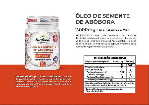 Óleo de Semente de Abóbora 2000mg 60 softgels - Sunfood Evolution