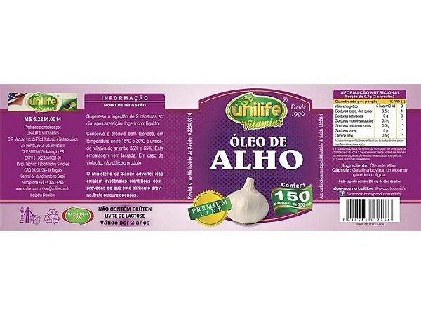 Óleo de Alho 350mg 150 cápsulas - Unilife
