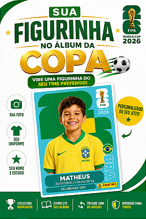 Kit 2 Figurinhas Personalizadas Copa 2026 | Figurinha com Foto Infantil Estilo Álbum Futebol | Presente Criativo Criança