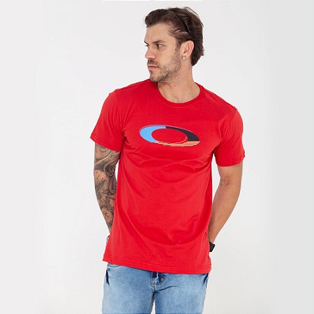 Camiseta Oakley vermelha logo azul, preto e laranja