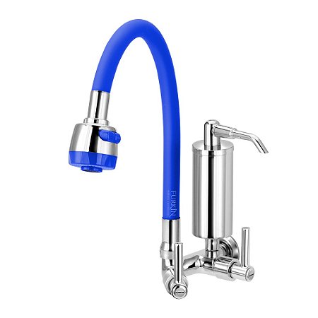 Torneira Gourmet C51 Filtro Metal Slim Azul Flexível Parede 1/4 Volta