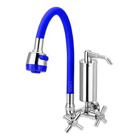 Torneira Gourmet C62 Filtro Metal Slim Azul Flexível Parede 1/4 Volta