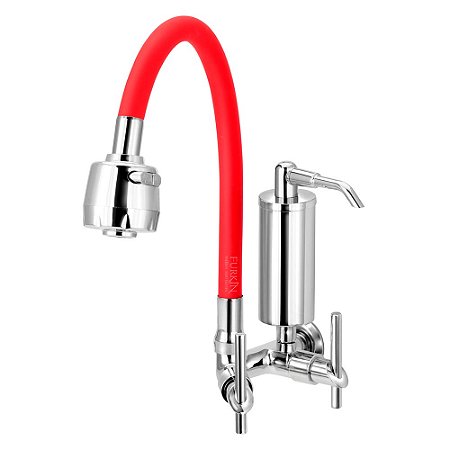 Torneira Gourmet C61 Filtro Cozinha Vermelha Flexível 1/4 de Volta Slim Parede