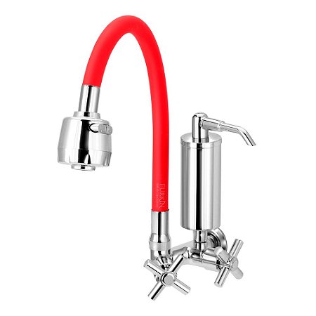 Torneira Gourmet C62 Filtro Cozinha Vermelha Flexível 1/4 de Volta Slim Parede