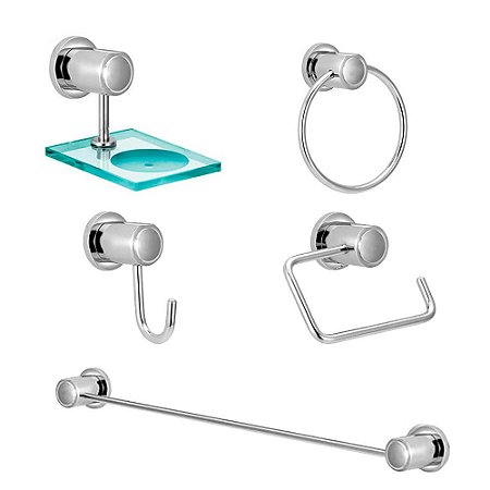 Kit Acessórios De Banheiro 5 Peças Metal e Vidro Linha Luxo