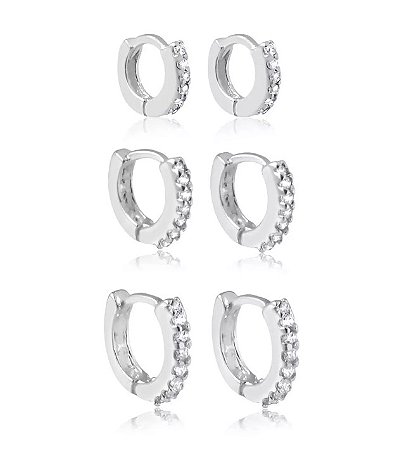 Trio argolinhas cravejadas Prata 925