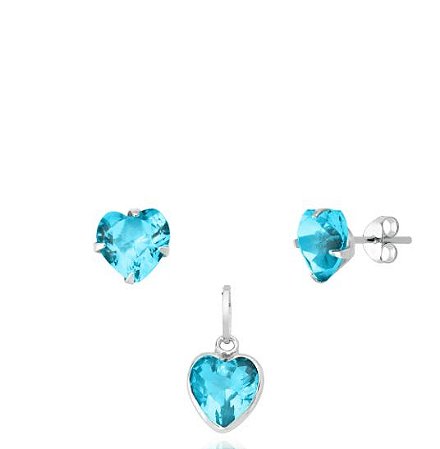 Conjunto zircônia coração azul claro Prata 925