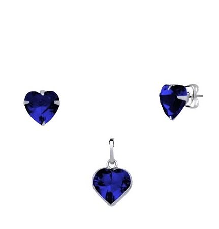 Conjunto zircônia coração azul escuro Prata 925