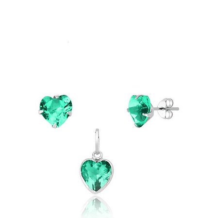 Conjunto zircônia coração verde Turmalina Prata 925