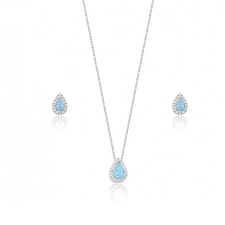 Conjunto gota zircônia Azul Claro borda cravejada Prata 925