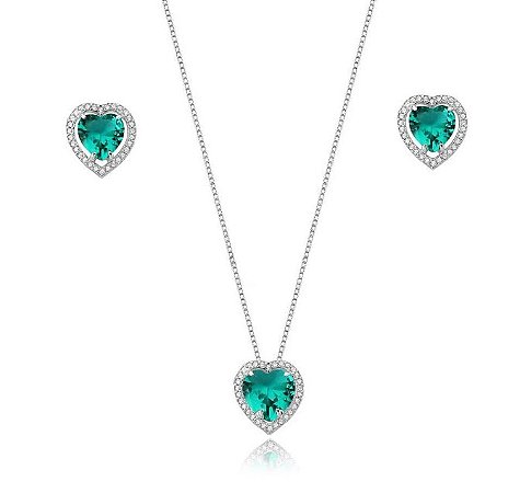 Conjunto Verde Turmalina coração borda cravejada Prata 925