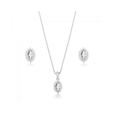 Conjunto navete Cristal borda cravejada Prata 925