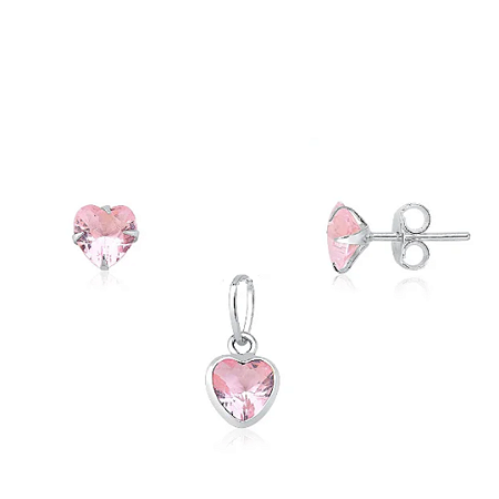 Conjunto zircônia coração rosa claro Prata 925