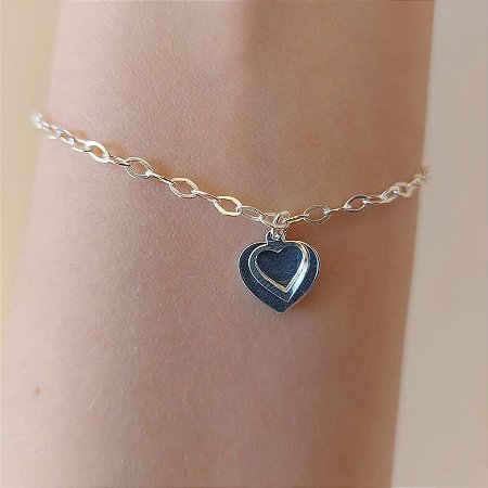 Pulseira coração vazado e plaquinha Prata 925