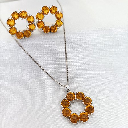 Conjunto Banho Ródio Branco Mandala Cristais Zircônia Topázio