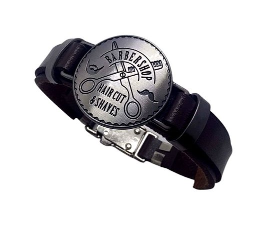 Pulseira em Couro Masculina com Placa em Metal 20cm