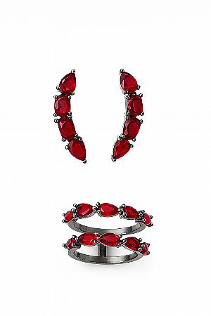 Conjunto Anel e Brinco Rubi em Ródio Negro