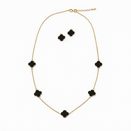 Conjunto Trevo Ônix Borda Lisa Ouro