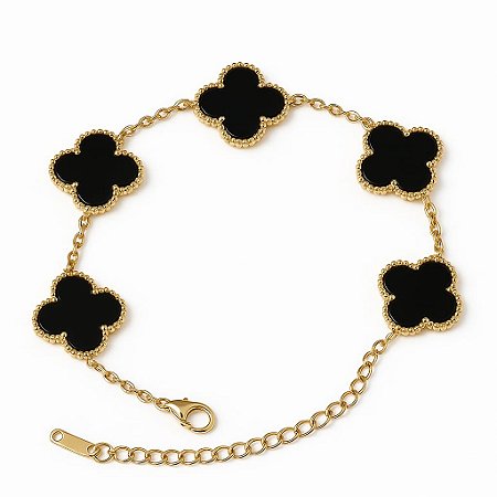 Pulseira elo Trevo Cravejado Preto Dourado