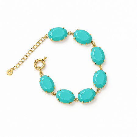 Pulseira Oval Verde Agua Dourada Delicada