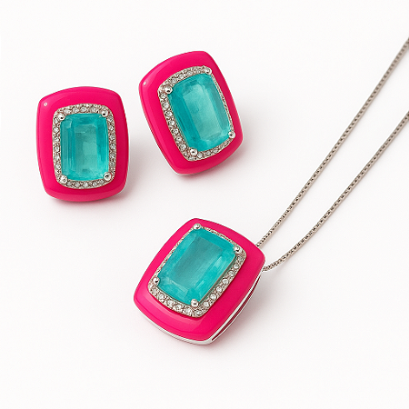 Conjunto Pink e Turquesa Lux Brincos e Colar