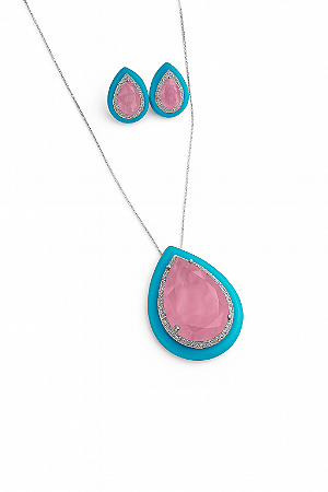 Conjunto Banho Ródio Branco Gota Fusion e Resina Verde Aqua