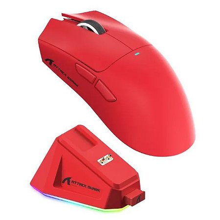 Mouse Gamer Sem Fio Attack Shark X11, 22000 DPI, 59G, Tri-Modo com Dock Magnético, RGB, Vermelho