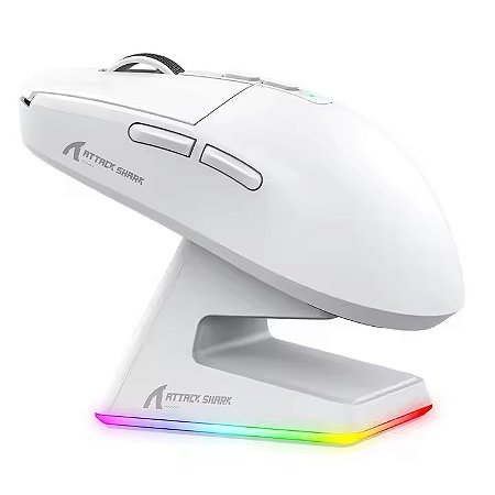 Mouse Gamer Sem Fio Attack Shark X6, 26000 DPI, PAW3395, Tri-Modo com Dock Magnético, RGB, Branco