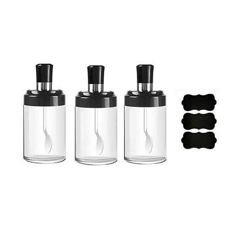 Kit 3 Pote Vidro Com Colher Tempero Condimento Sal Açucar