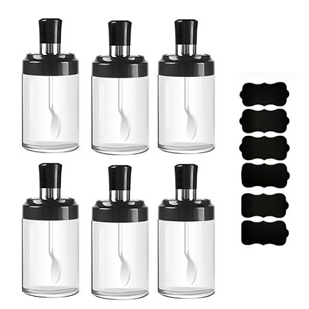 Kit 6 Potes Vidro Com Colher Tempero Condimento Sal Açucar