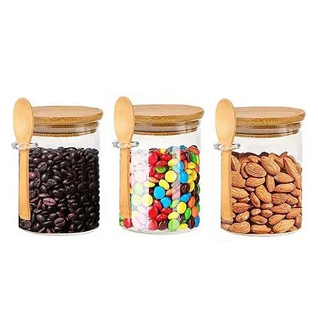 Kit 3 Potes Hermético De Vidro 600ml Tampa E Colher De Bambu