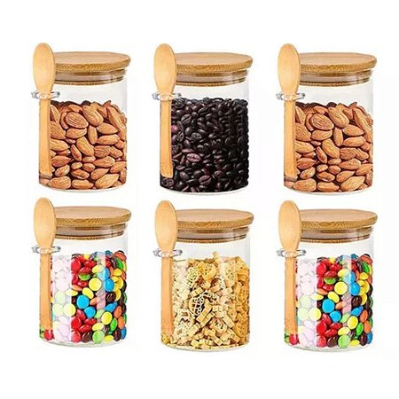 Kit 6 Potes Hermético De Vidro 600ml Tampa E Colher De Bambu