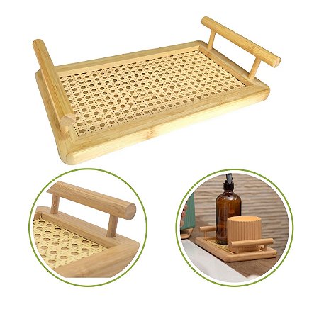 Bandeja Bambu Com Alças 35cm Café Mesa Treliças Em Rattan