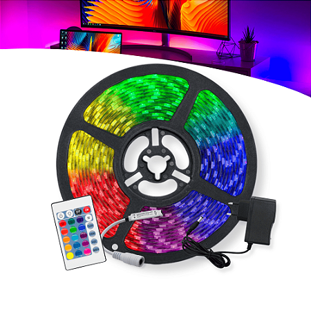 Fita LED RGB 5050 5 Metros IP65 com Controle Remoto + Fonte 12V Bivolt - Iluminação Decorativa Flexível para Ambientes e Setups Gamer
