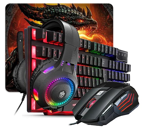 Combo Gamer com Teclado Semi Mecânico, Mouse RGB, Headset e Mousepad