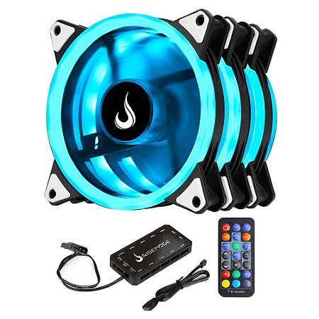 Kit Cooler Fan RGB 120mm Rise Mode Smart 12V com Controle Remoto – 3 Fans + Controladora – Silencioso, Alta Performance e Iluminação LED Gamer