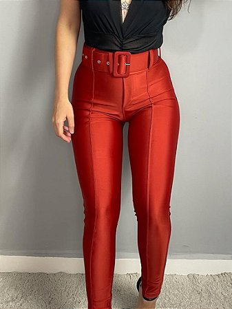 Calça Feminina Tecido Prada Com Cinto - Telha