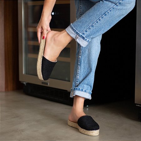 flatz espadrille mule bordado miçanga preta fosca