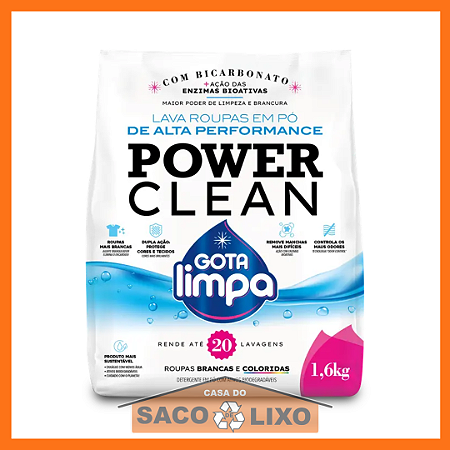 Lava Roupas em Pó Power Clean - 1,6 Kg - Gota Limpa