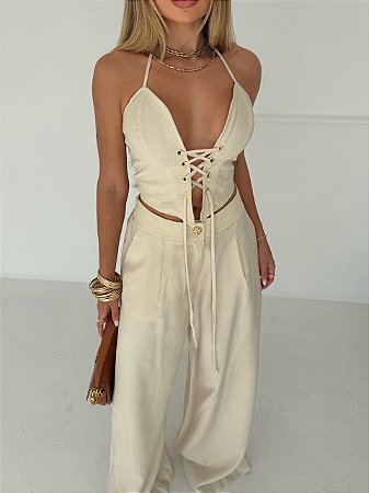 Conjunto Sarjado com Corset Estruturado