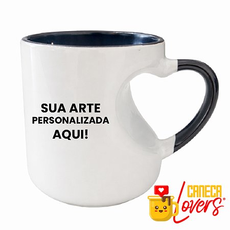 Caneca Personalizada Coração Vazado - Alça e Fundo Preto - Arte Exclusiva