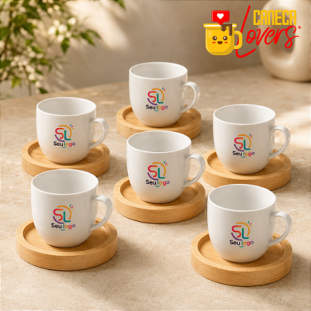 Conjunto de Xícaras de Café Personalizadas - 95ml - com pires de madeira