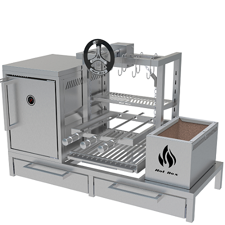 Churrasqueira Parrilla Residencial Hotbox Premium INOX 304 - Para Alvenaria 112 x 45cm - Com Volante e Forno