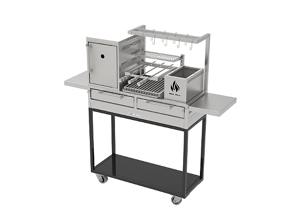 Churrasqueira Parrilla Residencial Hotbox Premium INOX 304 Com Carrinho 112x45cm Com Forno e Tendal