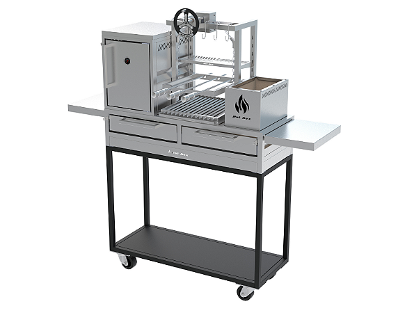 Churrasqueira Parrilla Residencial Hotbox Premium INOX 304 Com Carrinho, Forno e Volante 112x45cm