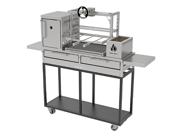 Churrasqueira Parrilla Residencial Hotbox Premium INOX 304 Com Carrinho, Forno e Volante 135x45 e 112x45cm