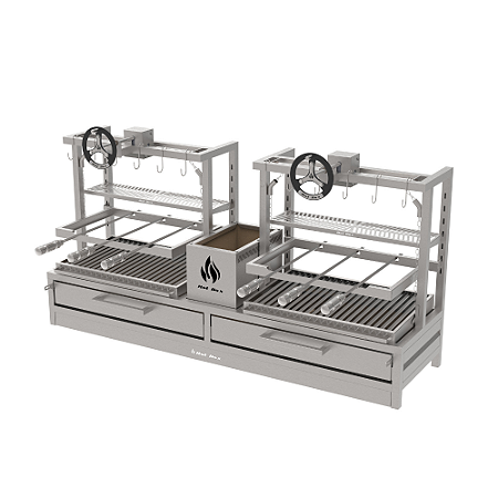 Churrasqueira Parrilla Residencial Premium Hotbox Dupla INOX 304 - Bancada 118 x 45 e 165 x 45cm- Com Volante